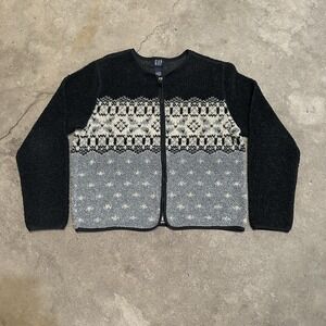 VINTAGE Gap Cardigan Women's Black Full Zip Fair Isle Sweater USA 90s Size L